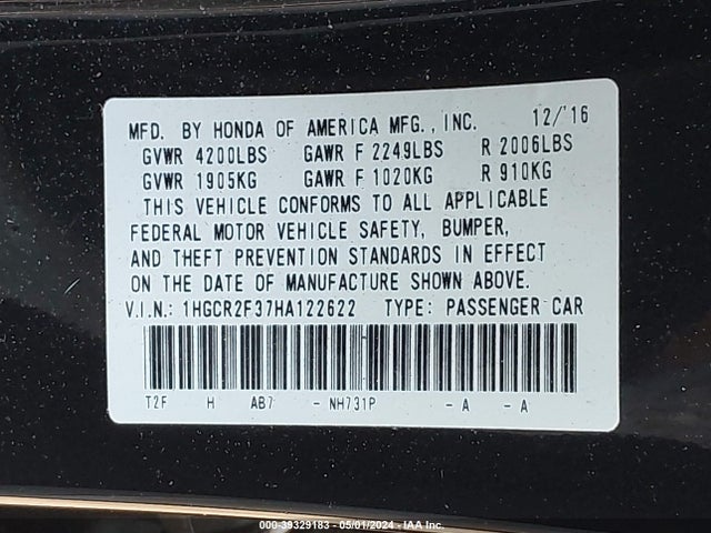 Honda ACCORD LX 2017 1HGCR2F37HA122622 Image 9