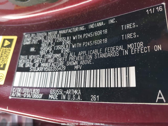 Toyota Highlander Xle V6 2016 5TDJKRFH5GS355429 Image 9