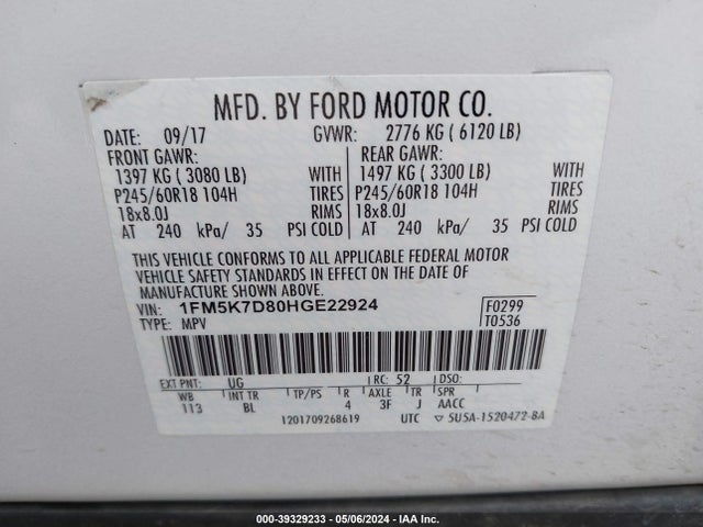 Ford EXPLORER XLT 2017 1FM5K7D80HGE22924 Image 9