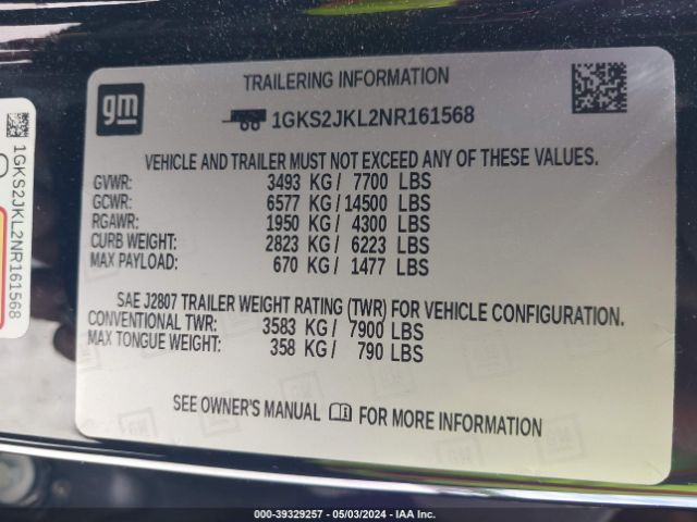 1GKS2JKL2NR161568 GMC Yukon Xl 4wd Denali