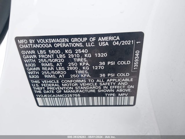 1V2JE2CA2MC225755 Volkswagen Atlas Cross Sport 3.6l V6 Se W/technology