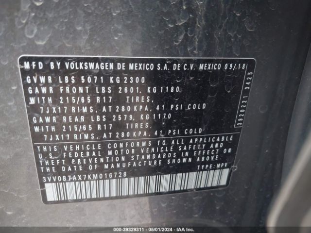 3VV0B7AX7KM016728 Volkswagen Tiguan 2.0t S