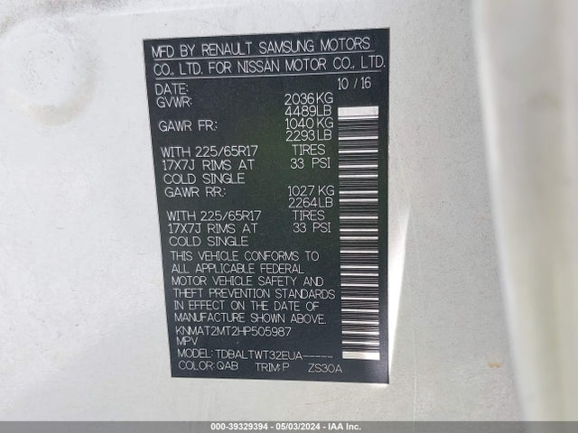 Nissan ROGUE S/SV 2017 KNMAT2MT2HP505987 Image 9