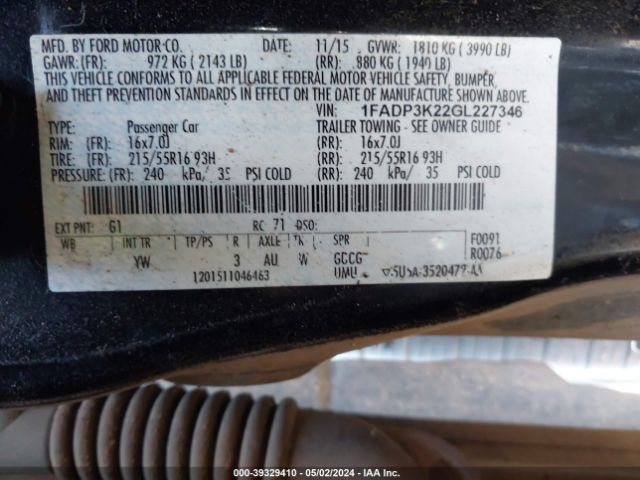 1FADP3K22GL227346 Ford FOCUS SE