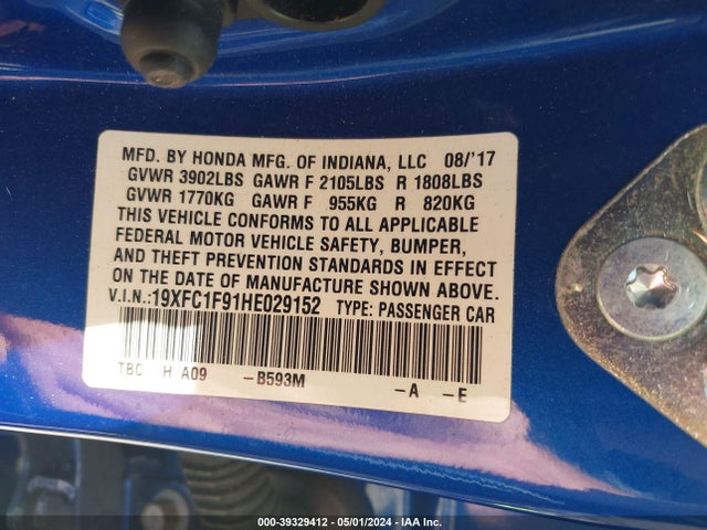 Honda Civic Touring 2017 19XFC1F91HE029152 Image 9