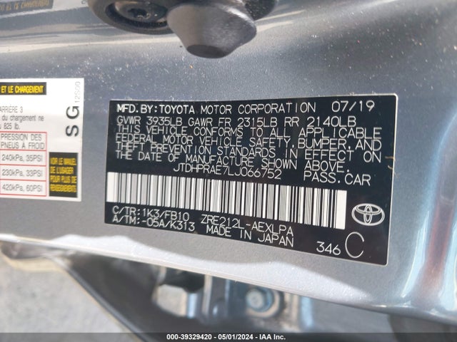 Toyota COROLLA LE 2020 JTDHPRAE7LJ066752 Image 9