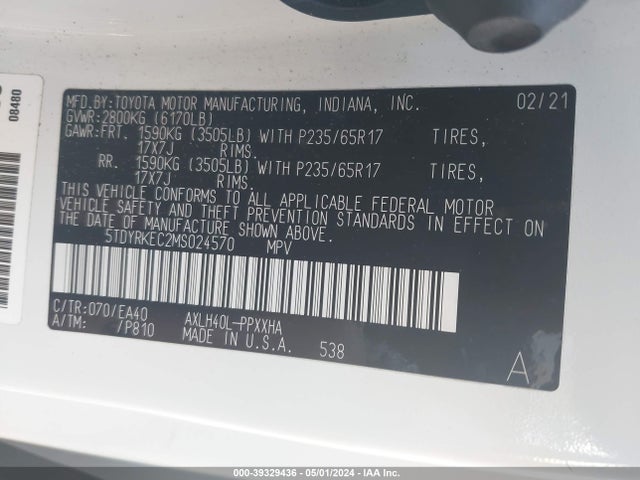 Toyota SIENNA XLE 2021 5TDYRKEC2MS024570 Image 9