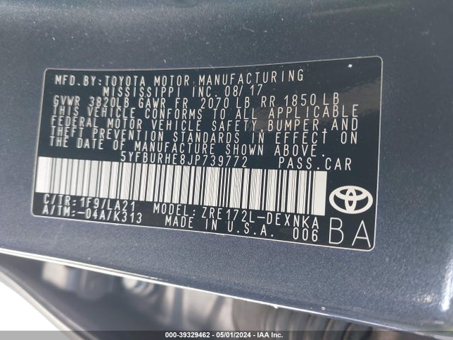 Toyota Corolla Xle 2018 5YFBURHE8JP739772 Image 9