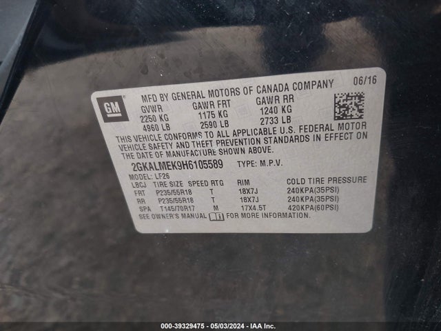 GMC Terrain Sle-1 2017 2GKALMEK9H6105589 Image 9