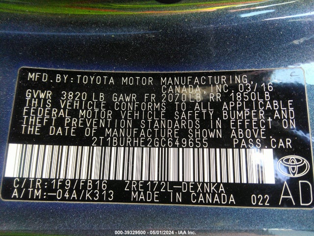 Toyota COROLLA LE 2016 2T1BURHE2GC649655 Image 9