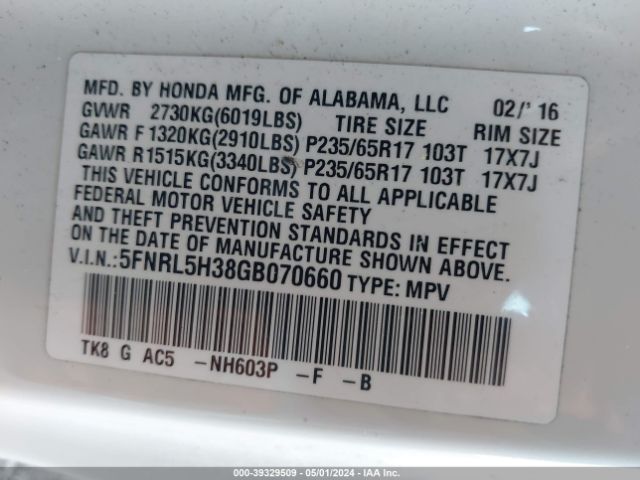5FNRL5H38GB070660 Honda ODYSSEY SE