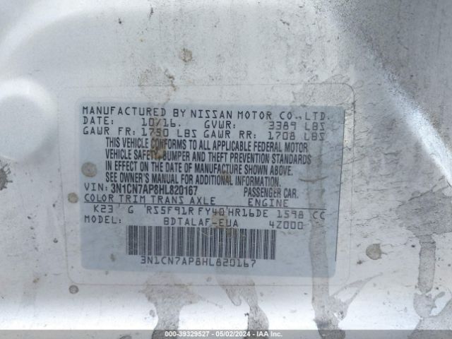 3N1CN7AP8HL820167 Nissan Versa 1.6 S