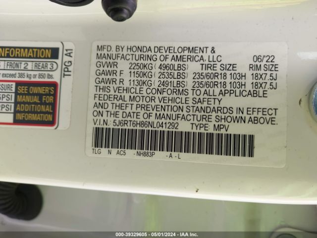5J6RT6H86NL041292 Honda Cr-v Hybrid Ex-l