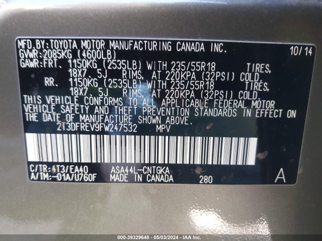 Toyota Rav4 Limited 2015 2T3DFREV9FW247532 Image 9