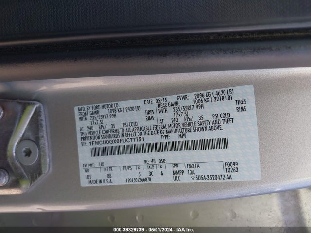 Ford ESCAPE SE 2015 1FMCU0GX0FUC77751 Image 9