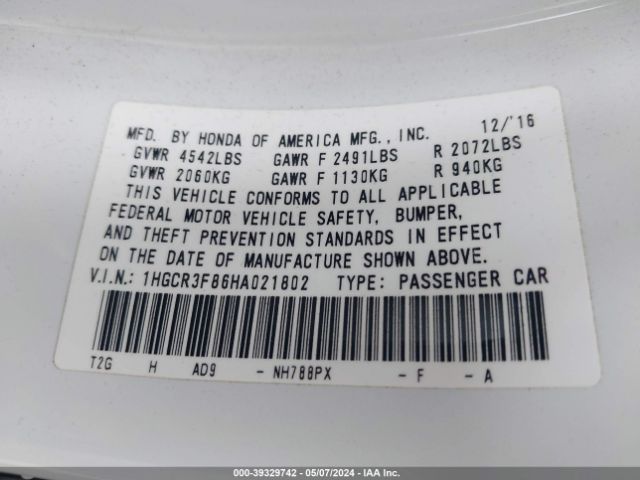 1HGCR3F86HA021802 Honda Accord Ex-l V6