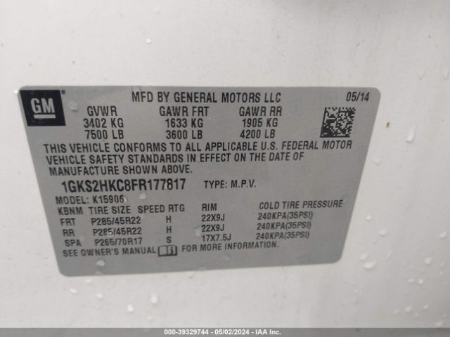 1GKS2HKC8FR177817 GMC Yukon Xl 1500 Slt