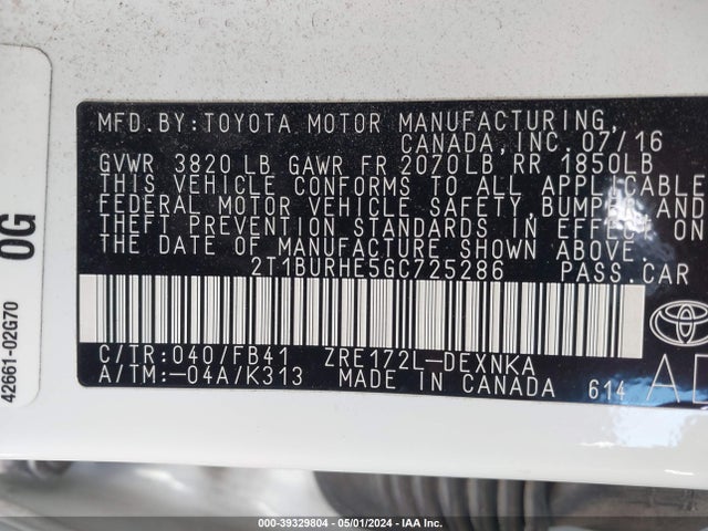 Toyota COROLLA LE 2016 2T1BURHE5GC725286 Image 9