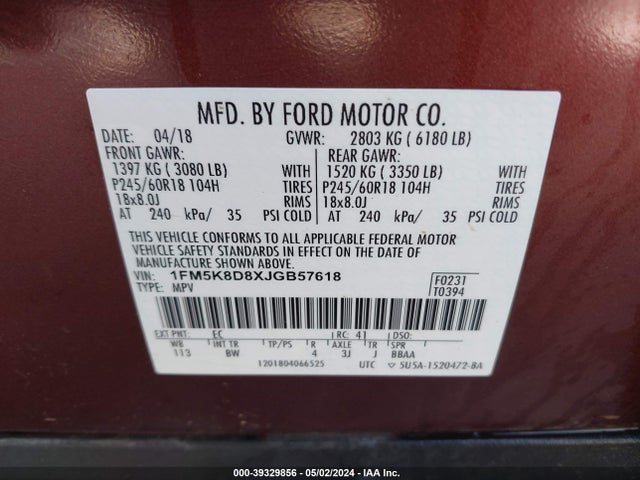 Ford EXPLORER XLT 2018 1FM5K8D8XJGB57618 Image 9