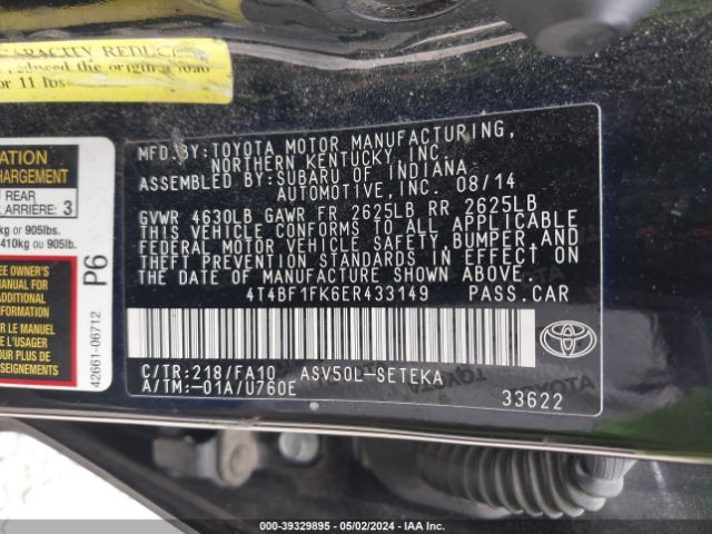 4T4BF1FK6ER433149 Toyota CAMRY L