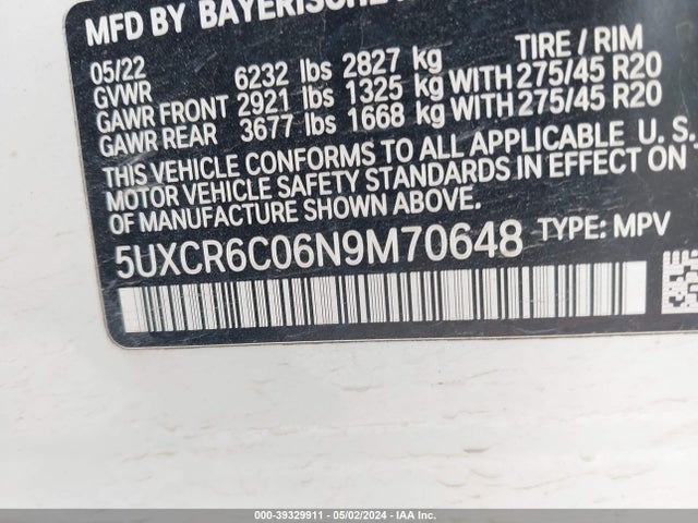 BMW X5 Xdrive40i 2022 5UXCR6C06N9M70648 Image 9
