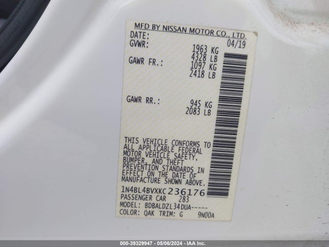 Nissan Altima 2.5 S 2019 1N4BL4BVXKC236176 Image 9