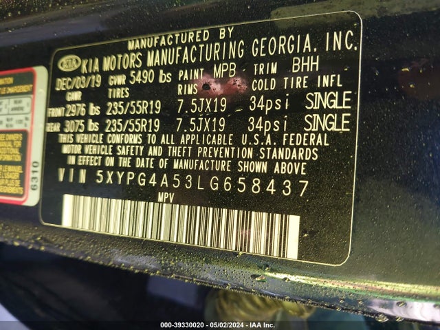 KIA Sorento 3.3l S 2020 5XYPG4A53LG658437 Image 9