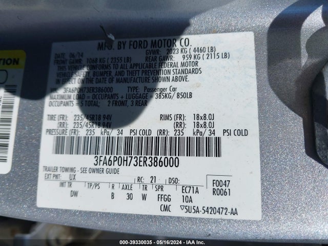 Ford FUSION SE 2014 3FA6P0H73ER386000 Image 9