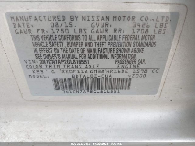 3N1CN7AP2GL816551 Nissan Versa 1.6 S/1.6 S+/1.6 Sl/1.6 Sv