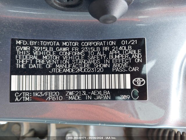 Toyota Corolla Hybrid Le 2021 JTDEAMDE2MJ023120 Image 9