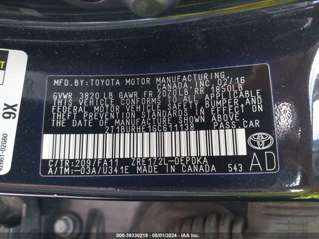 Toyota COROLLA L 2016 2T1BURHE1GC611138 Image 9