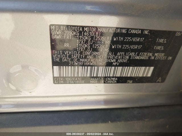 Toyota Rav4 Xle 2019 2T3W1RFV6KW051967 Image 9