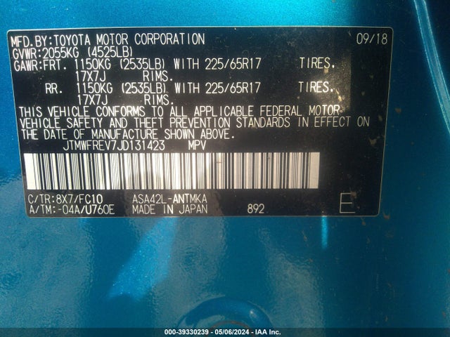 JTMWFREV7JD131423 Toyota Rav4 Xle