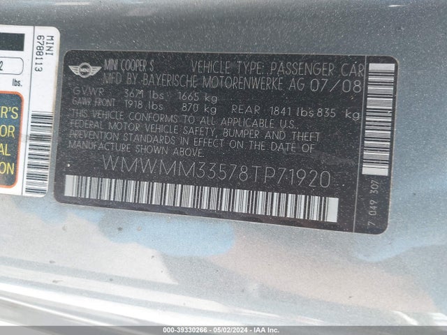 2008 MINI COOPER S CLUBMAN WMWMM33578TP71920 Photo 8