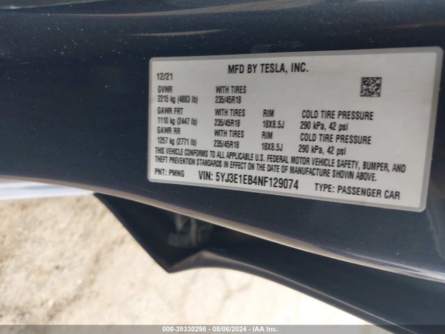 5YJ3E1EB4NF129074 Tesla Model 3 Long Range Dual Motor All-wheel Drive