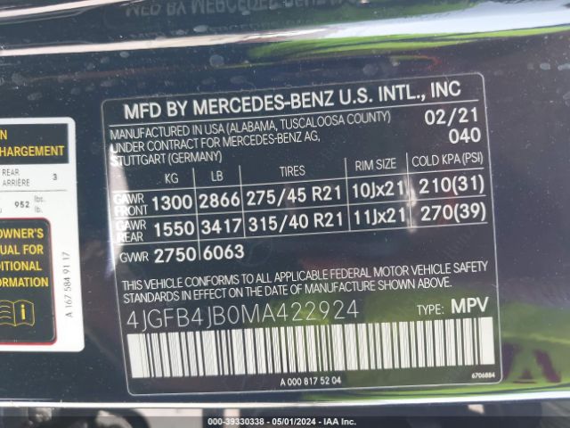 4JGFB4JB0MA422924 Mercedes-Benz GLE 350