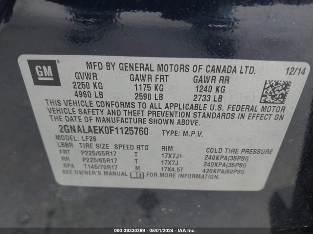Chevrolet EQUINOX LS 2015 2GNALAEK0F1125760 Image 9