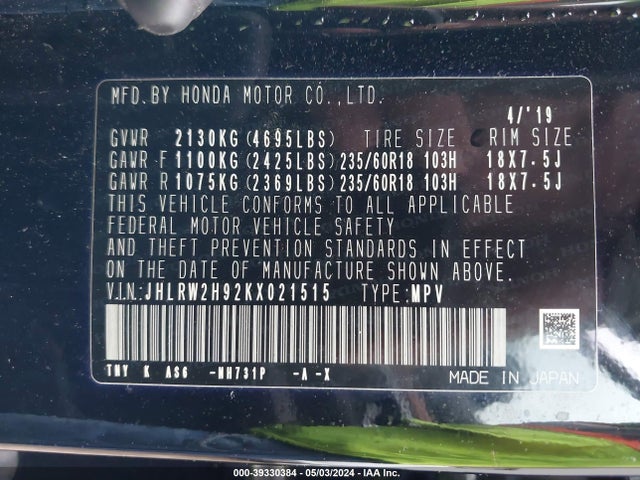 Honda Cr-v Touring 2019 JHLRW2H92KX021515 Image 9