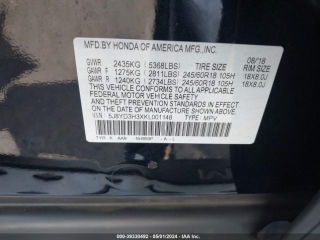 5J8YD3H3XKL001148 Acura Mdx Standard