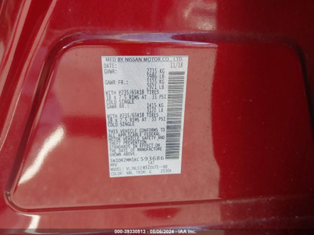 5N1DR2MM1KC593686 Nissan Pathfinder Sv
