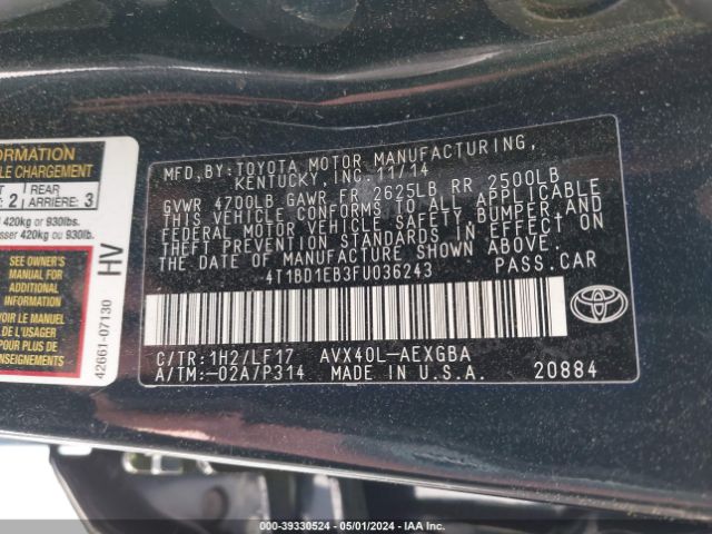 4T1BD1EB3FU036243 Toyota Avalon Hybrid Xle Premium