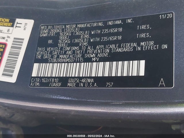 Toyota Highlander Le 2021 5TDBZRBH6MS071115 Image 9