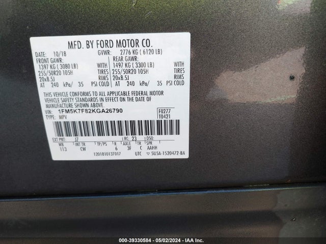 Ford Explorer Limited 2019 1FM5K7F82KGA26790 Image 9