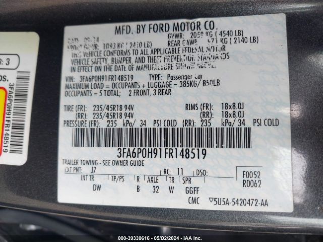 2015 FORD FUSION 3FA6P0H91FR148519 Photo 8