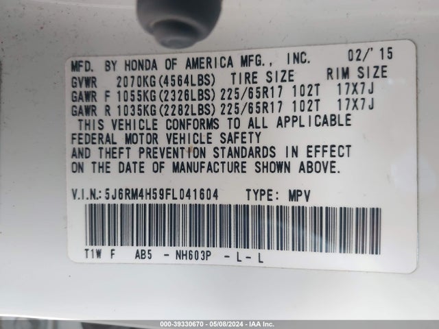 Honda CR-V EX 2015 5J6RM4H59FL041604 Image 9
