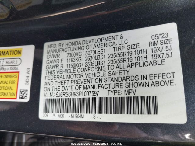 5J6RS6H93PL007597 Honda Cr-v Hybrid Sport Touring