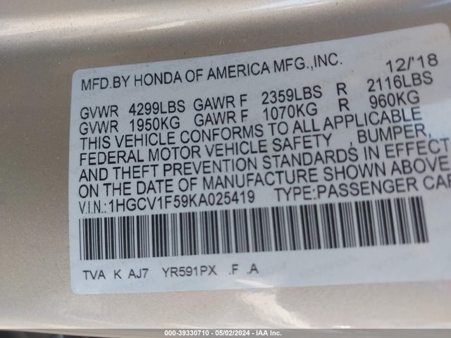 Honda Accord Ex-l 2019 1HGCV1F59KA025419 Image 9