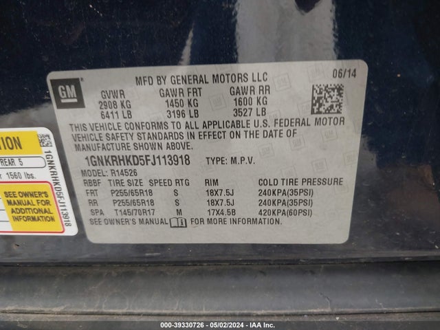 Chevrolet Traverse 2lt 2015 1GNKRHKD5FJ113918 Image 9