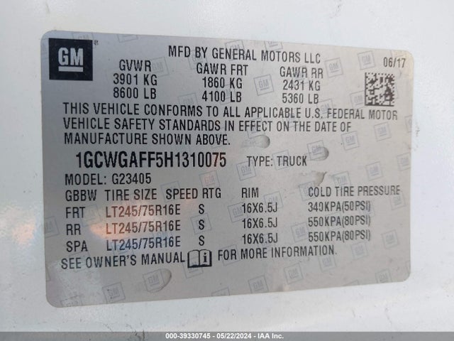 Chevrolet Express 2500 Work Van 2017 1GCWGAFF5H1310075 Image 9