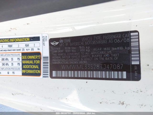 2008 MINI COOPER CLUBMAN WMWML33528TJ47087 Photo 8